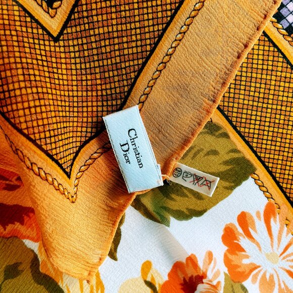 Christian Dior Vintage Silk Scarf – Floral Pattern with Geometric Border - Picture 2 of 12